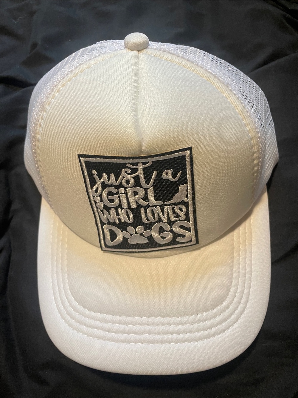 White 'Just a Girl Who Loves Dogs' Trucker Hat